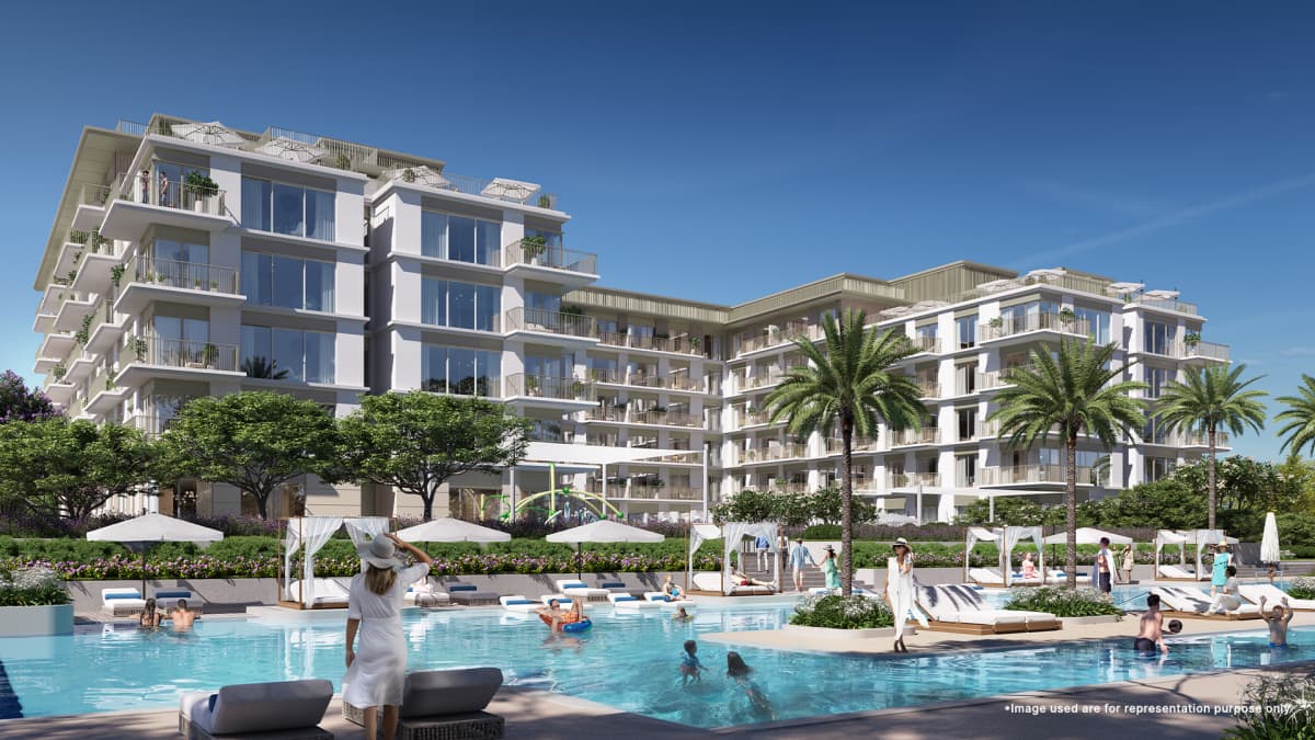 Luxurious cabana areas at Emaar Sunridge, overlooking the serene pool and Rashid Yachts Marina.